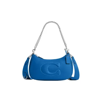 COACH Teri Nappa Leather Shoulder Bag, Portable Crossbody Bag Women's Silver & Bright Blue