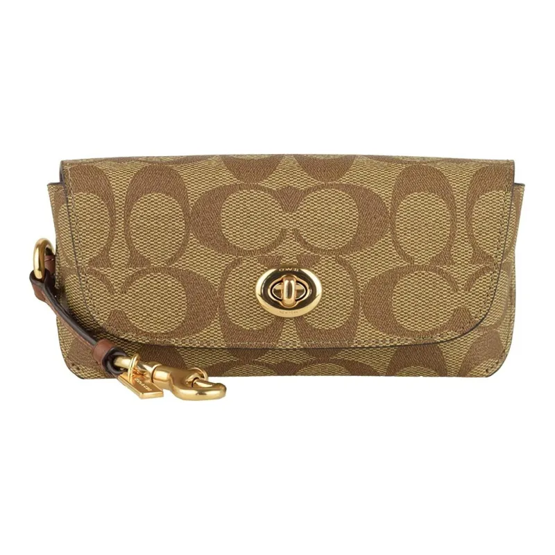 COACH Sunglass Case Canvas Leather Sunglass Case Clutch Unisex Khaki Monogram-0