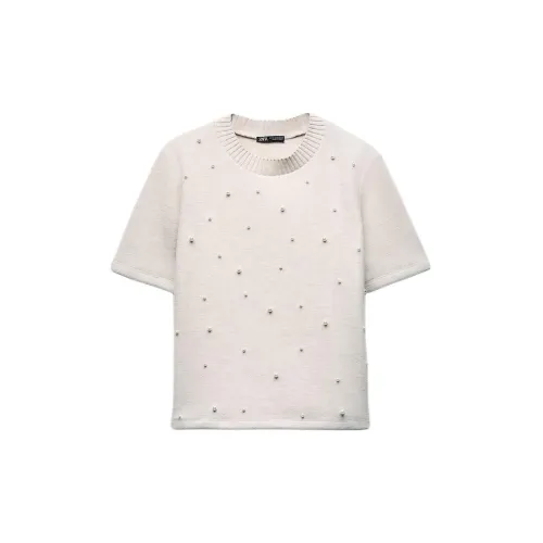 ZARA T-Shirts Women's Beige With Spotted Pattern