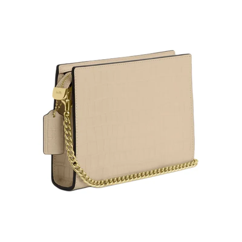 COACH Crocodile Embossed Leather Shoulder Bag, Crossbody Bag Trumpets Women's Gold With Ivory-1