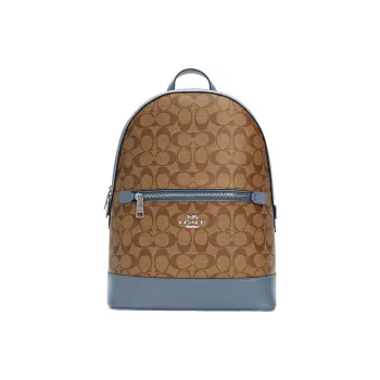 COACH Kenley Canvas With Leather Backpack Medium Size Men's Dark Khaki With Blue Accents