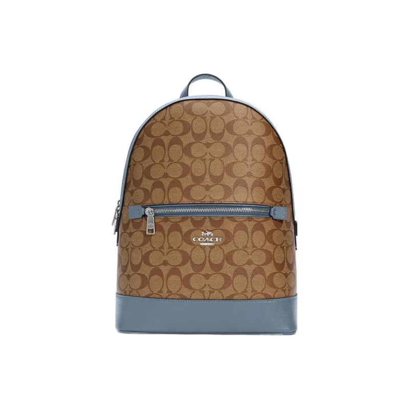 COACH Kenley Canvas With Leather Backpack Medium Size Men's Dark Khaki With Blue Accents-0