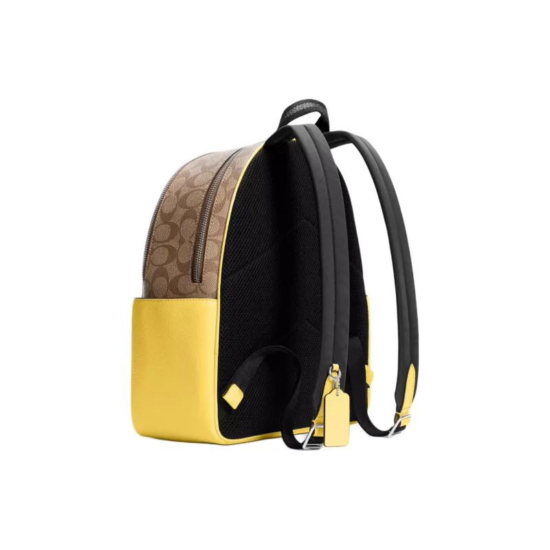 COACH Court Canvas With Refined Pebbled Leather Backpack Medium Size Women's Silver & Khaki & Vintage Yellow-1