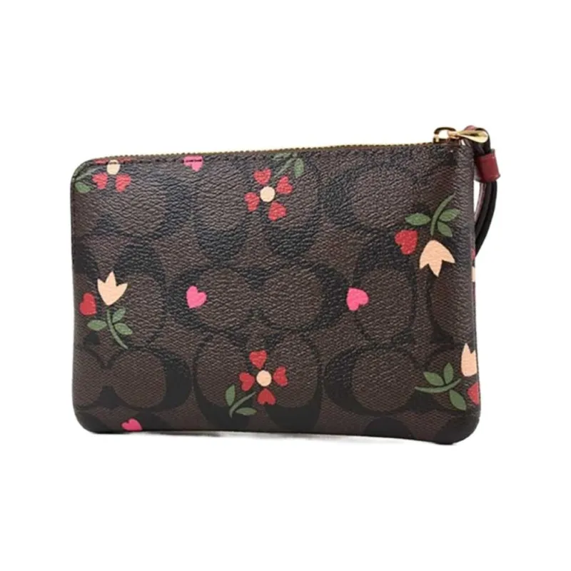 COACH Corner Zip Canvas With Leather Clutch Wrist Bag Trumpets Women's Brown/Burgundy Multicolor-1