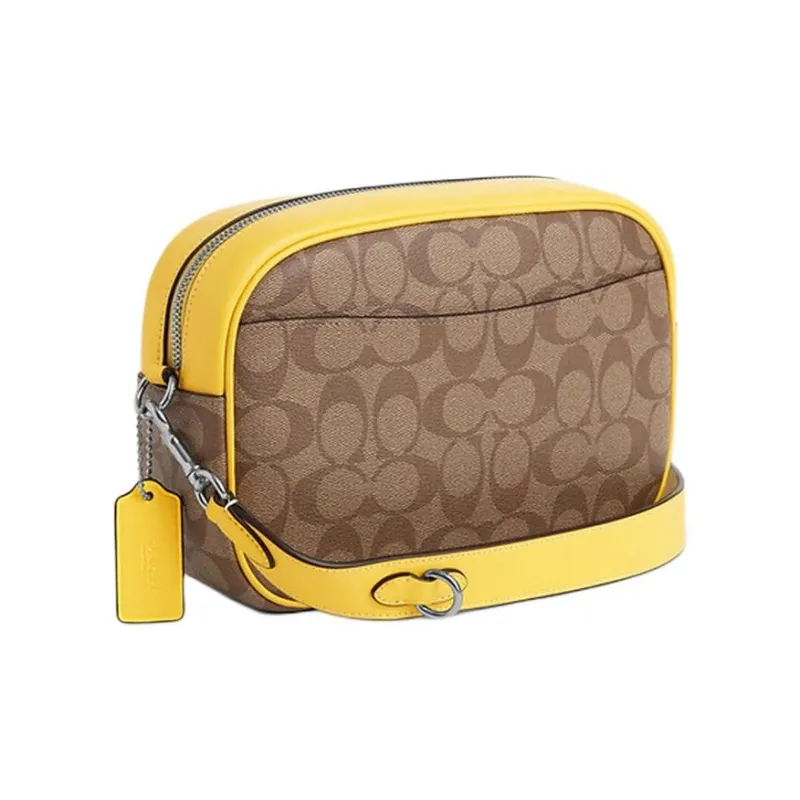 COACH Jamie Canvas With Leather Shoulder Bag, Crossbody Bag Medium Size Women's Silver & Khaki & Vintage Yellow-1