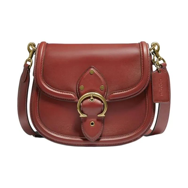 COACH Beat Leather Saddle Bag Shoulder Bag Crossbody Bag Medium Size Women's Brown Red-0