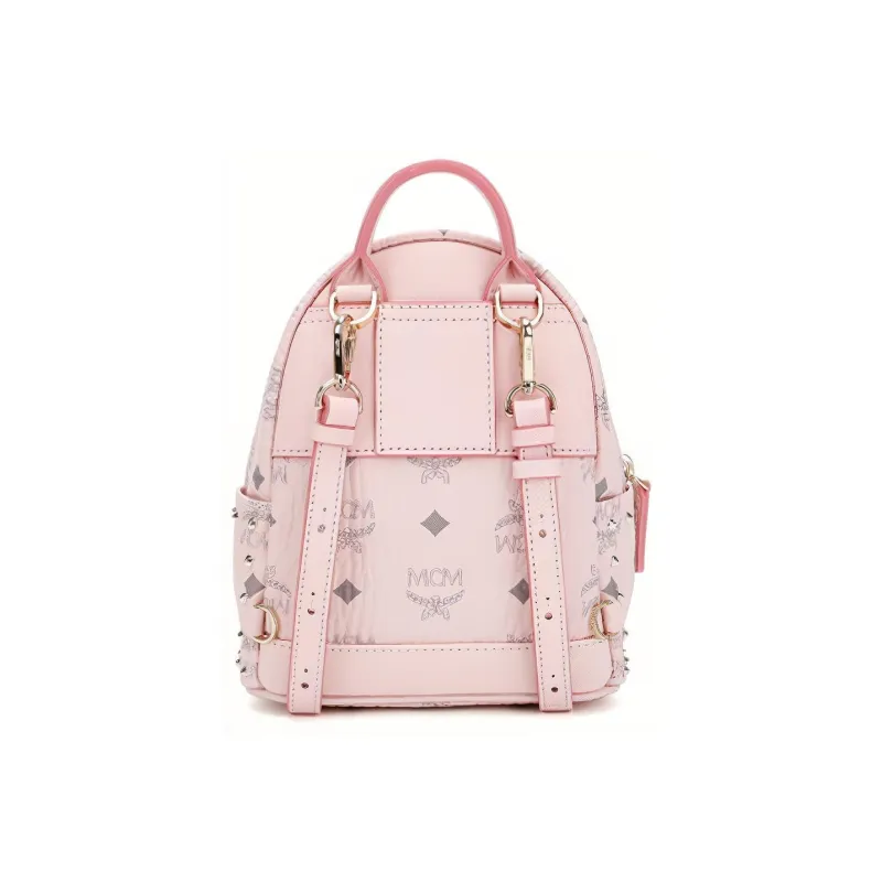 MCM Stark Visetos Coated Canvas With Artificial Leather Backpack Small Size Women's Pink-2