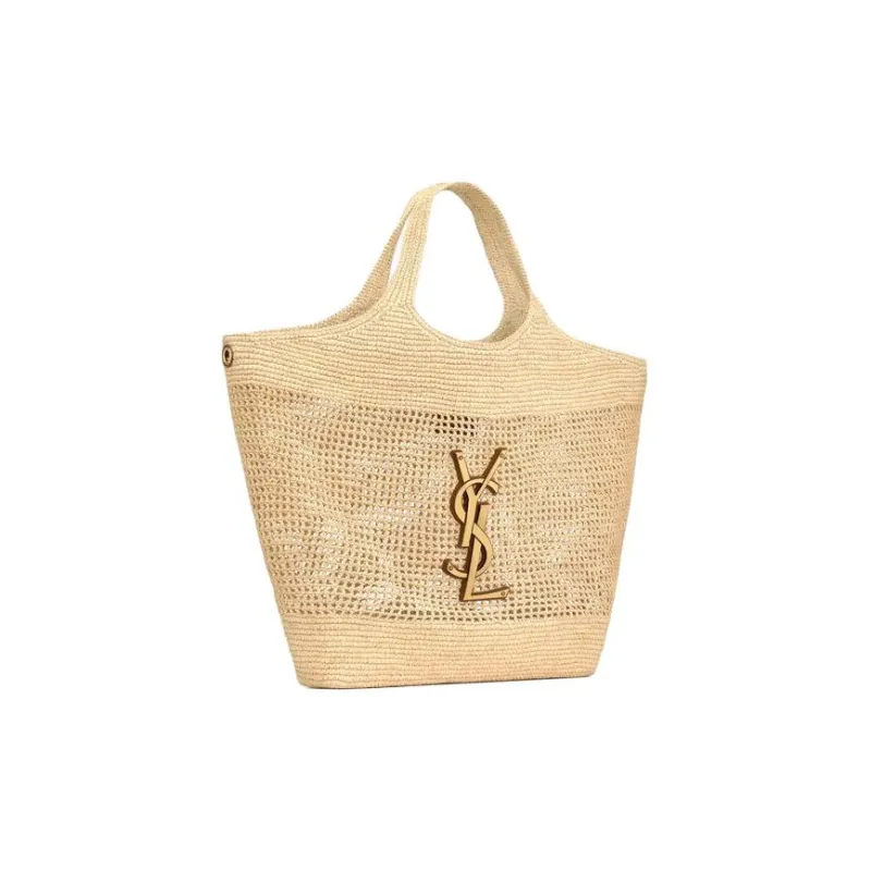 SAINT LAURENT Raffia Fiber & Calfskin & Brass Handbag Extra Large Women's Natural Gold & Palm Gold-3