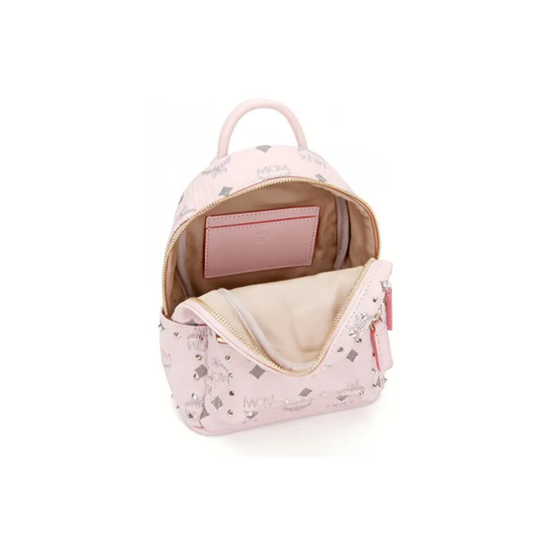 MCM Stark Visetos Coated Canvas With Artificial Leather Backpack Small Size Women's Pink-3