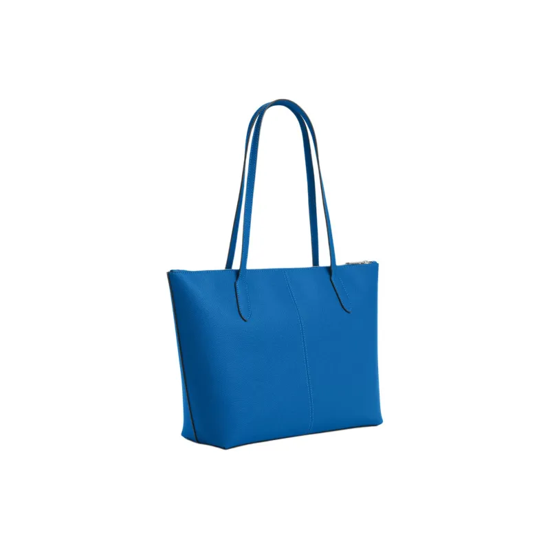 COACH Zip Top Tote Cross Grain Leather Tote Bag, Shopping Bag, Shoulder Bag, Handbag Mini Women's Silver & Bright Blue-1