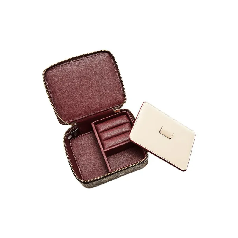 COACH Boxed Canvas With Leather Zip Closure Jewelry Box With Mirror Gift Box Set Storage Box Women's Brown-3