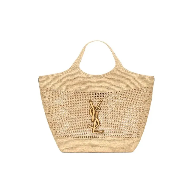 SAINT LAURENT Raffia Fiber & Calfskin & Brass Handbag Extra Large Women's Natural Gold & Palm Gold-1