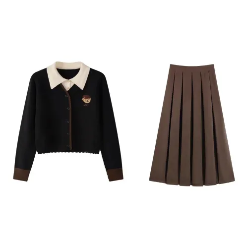 GLEE DIARY Two Piece Skirt Sets Women's Black Sweaters+Brown Skirt