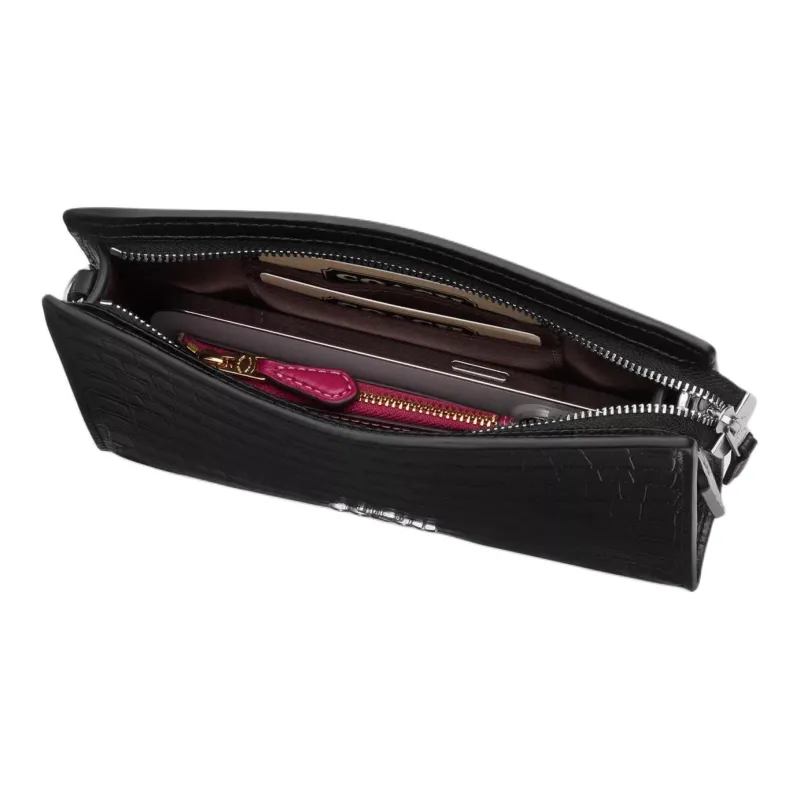COACH Crocodile Embossed Leather Shoulder Bag, Crossbody Bag Trumpets Women's Black-3