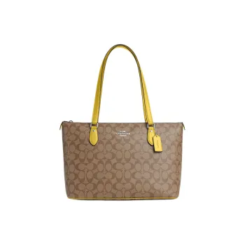 COACH Gallery Canvas With Smooth Leather Tote Bag, Shopping Bag Large Size Women's Silver & Khaki & Vintage Yellow