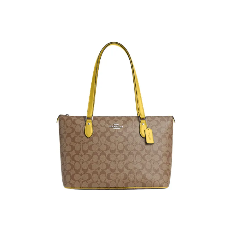 COACH Gallery Canvas With Smooth Leather Tote Bag, Shopping Bag Large Size Women's Silver & Khaki & Vintage Yellow-0