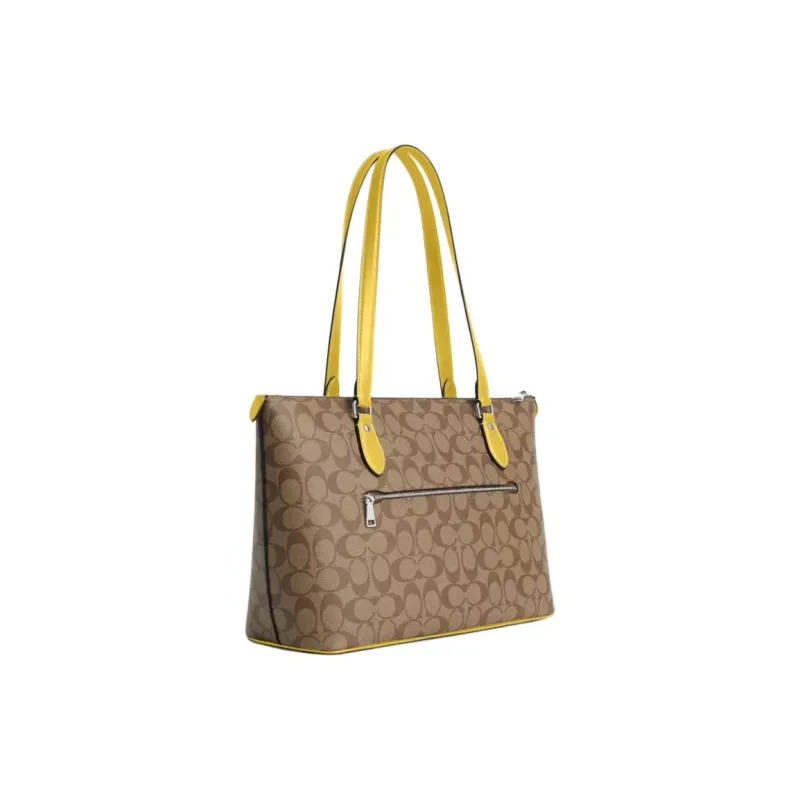 COACH Gallery Canvas With Smooth Leather Tote Bag, Shopping Bag Large Size Women's Silver & Khaki & Vintage Yellow-1