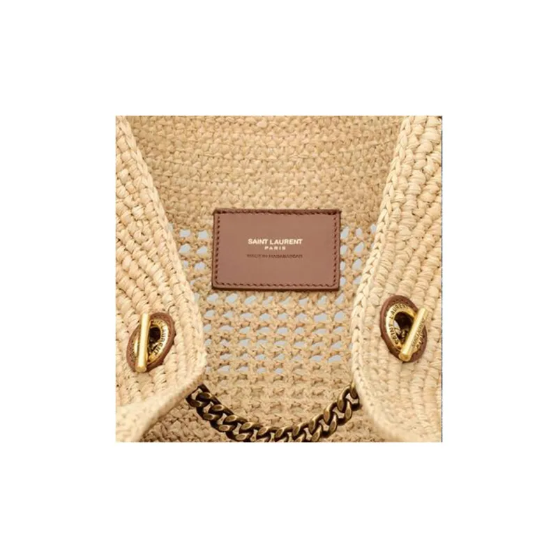 SAINT LAURENT Raffia Fiber & Calfskin & Brass Handbag Extra Large Women's Natural Gold & Palm Gold-6