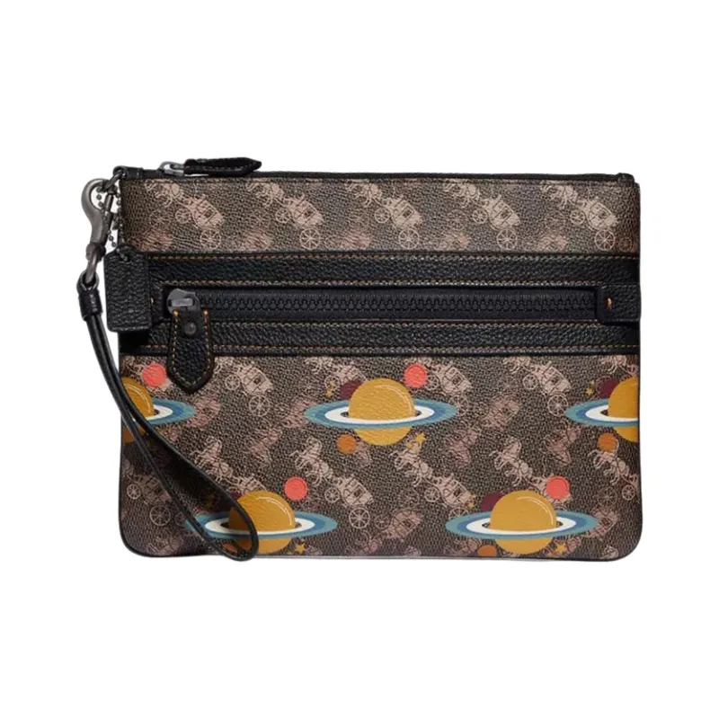 COACH Wristlet Canvas Leather Clutch Large Size Men's Brown-0