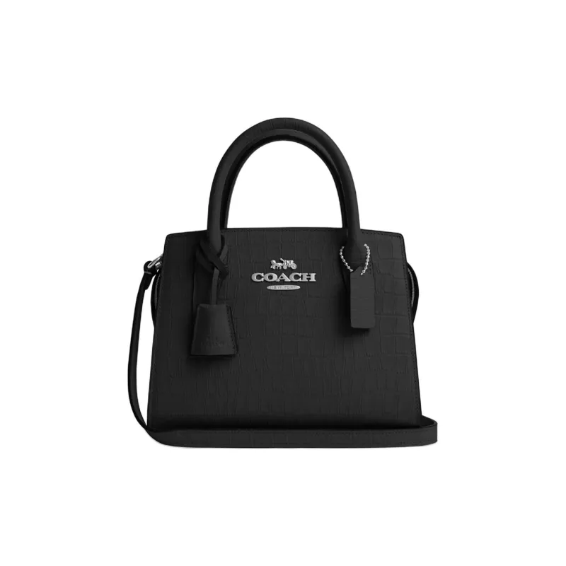 COACH Crocodile Embossed Leather Shoulder Bag, Crossbody Bag, Handbag Trumpets Women's Silver & Black-0