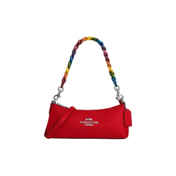 COACH Charlotte High Quality Pebbled Leather Baguette Bag Handbag Shoulder Bag Women's Silver & Bright Poppy Multicolor