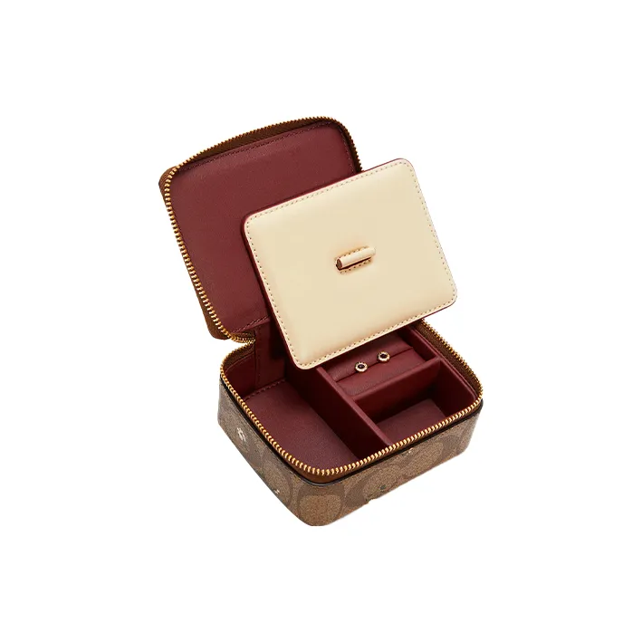 COACH Boxed Canvas With Leather Zip Closure Jewelry Box With Mirror Gift Box Set Storage Box Women's Brown-1