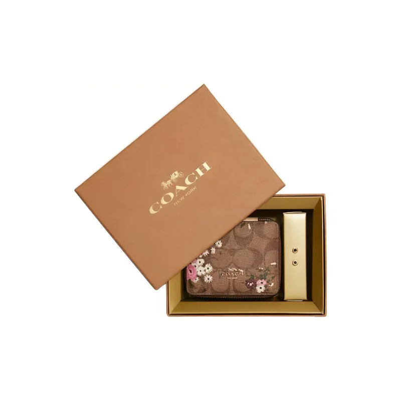 COACH Boxed Canvas With Leather Zip Closure Jewelry Box With Mirror Gift Box Set Storage Box Women's Brown-0