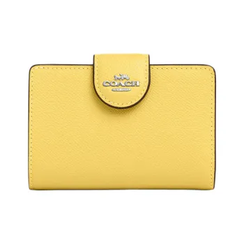 COACH Corner Zip Cross-Stitch Leather Wallet Mini Women's Silver & Vintage Yellow