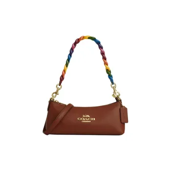 COACH Charlotte Refined Pebbled Leather Baguette Bag Handbag, Shoulder Bag Women's Gold & Redwood Multicolor