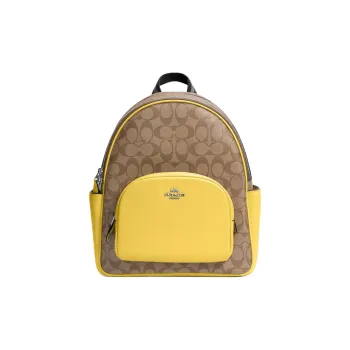 COACH Court Canvas With Refined Pebbled Leather Accents Backpack Medium Size Women's Silver & Khaki & Vintage Yellow