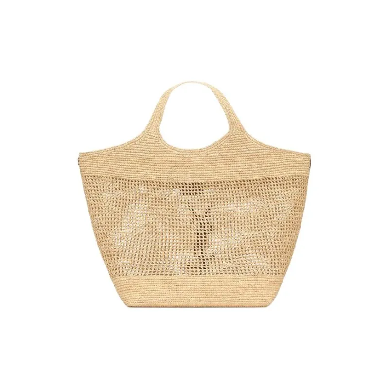 SAINT LAURENT Raffia Fiber & Calfskin & Brass Handbag Extra Large Women's Natural Gold & Palm Gold-5