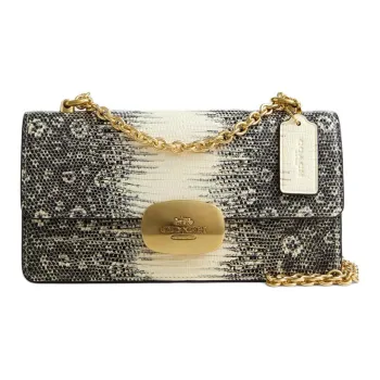 COACH Eliza Lizard Embossed Leather Shoulder Bag, Crossbody Bag Medium Size Women's Gold & Natural Multicolor