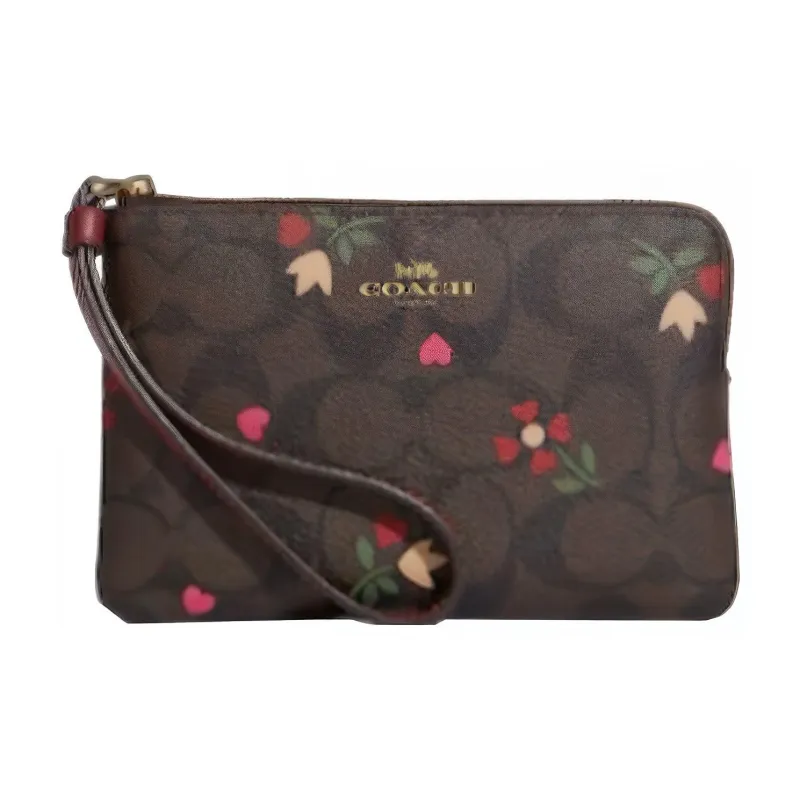 COACH Corner Zip Canvas With Leather Clutch Wrist Bag Trumpets Women's Brown/Burgundy Multicolor-0
