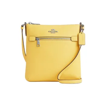 COACH File Cross Stitch Leather Shoulder Bag Crossbody Bag Small Size Women's Silver & Vintage Yellow
