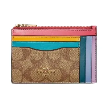 COACH Skinny Id Case Coated Canvas With Leather Key Pouch Card Holder Mini Women's Brown Monogram Multicolor