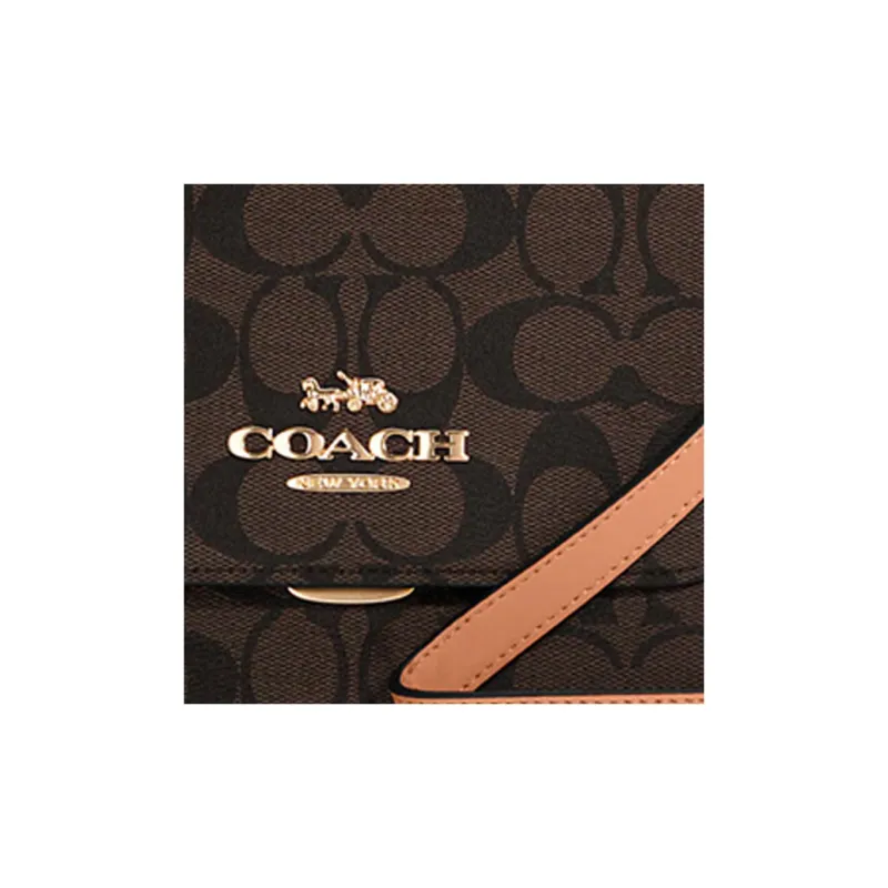 COACH Brynn Canvas Leather Shoulder Bag Crossbody Bag Small Size Women's Dark Brown With Shell Pink Shoulder Strap-3