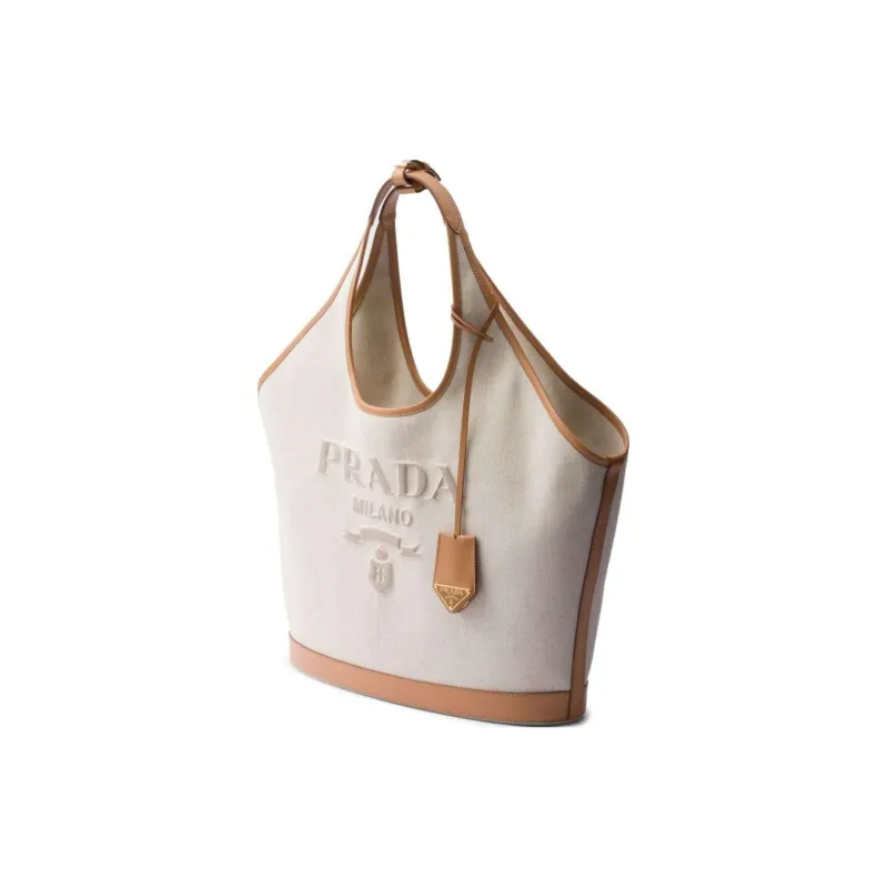 PRADA Linseed With Leather Tote Bag, Shopping Bag, Handbag Large Size Women's Beige & Brown-1
