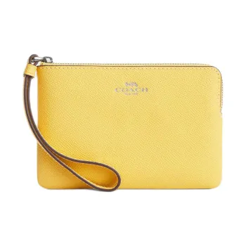 COACH Corner Zip Cross Grain Leather Wrist Bag Clutch Small Size Women's Silver & Vintage Yellow