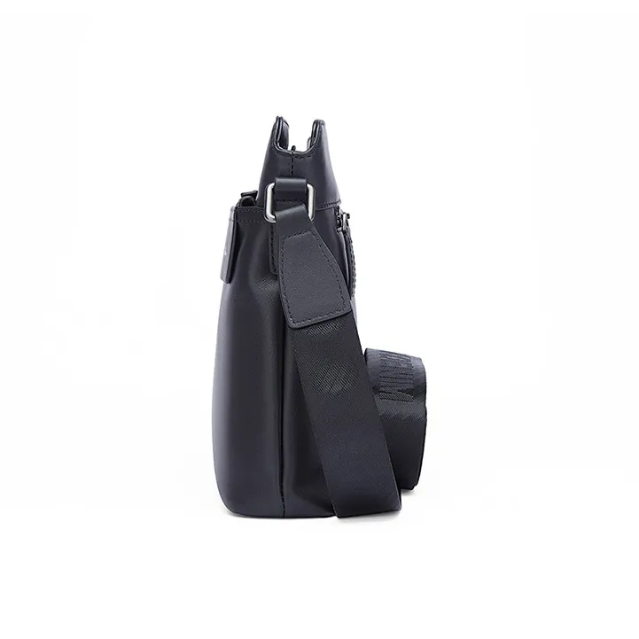 BISON DENIM Cow Leather Shoulder Bag, Crossbody Bag Men's Black-3