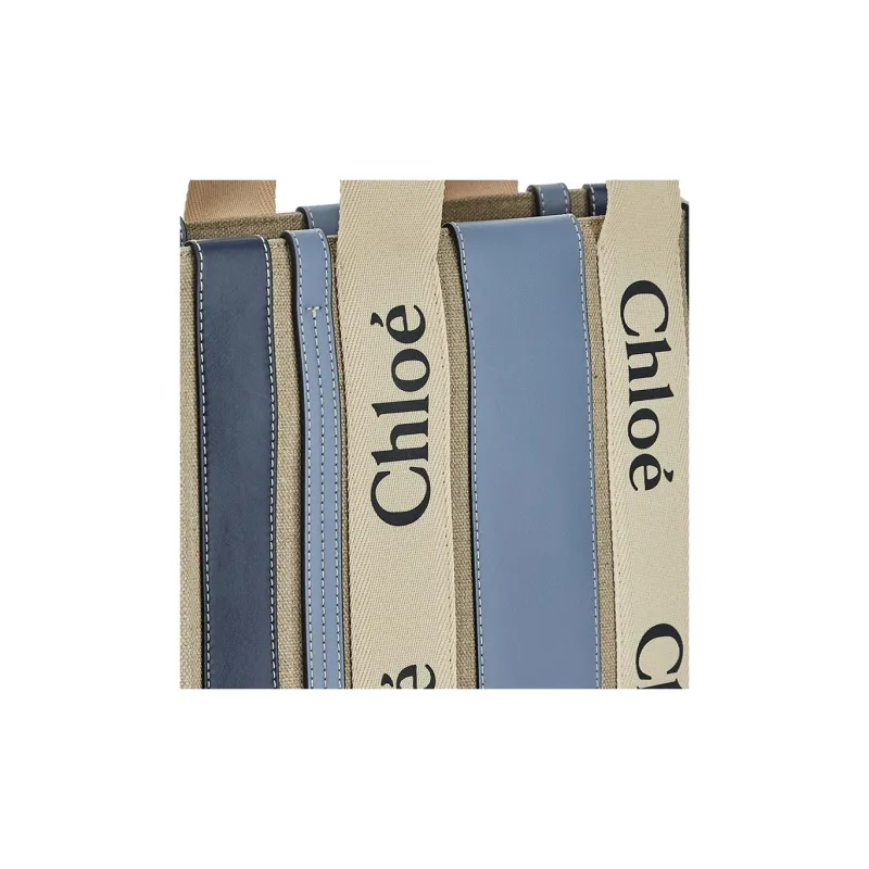 Chloe Linen Tote Bag Shopping Bag Handbag Medium Size Women's Blue-3