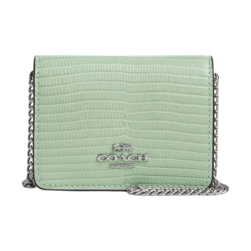 COACH Lizard Embossed Leather Shoulder Bag, Crossbody Bag, Wallet Mini Women's Silver & Light Green-0
