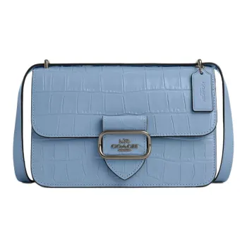COACH Morgan Crocodile Embossed Leather Shoulder Bag, Crossbody Bag Medium Size Women's Bronze With Cornflower Blue