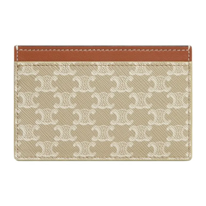 CELINE Triomphe Canvas With Lambskin Card Holder Women's Greige-2