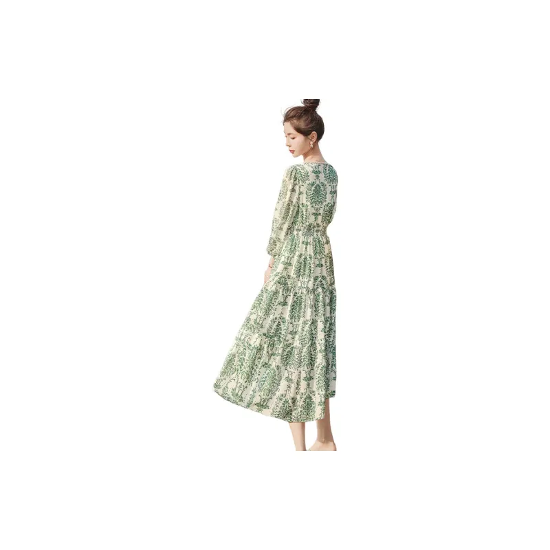Cypress House Long Sleeved Dress Women's Beige With Green Print-1