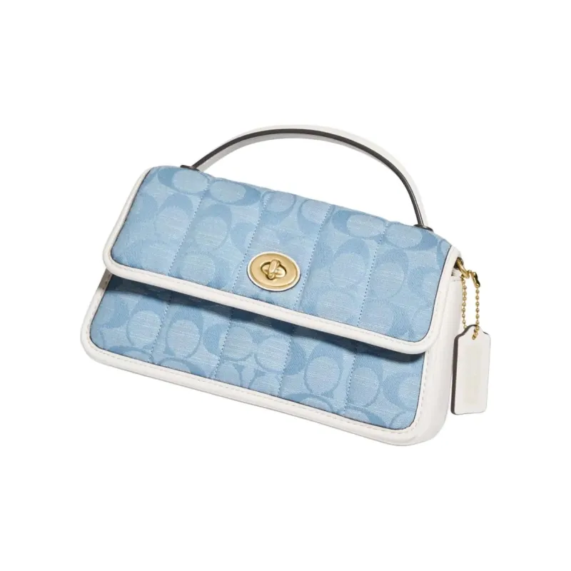COACH Turnlock Canvas With Leather Flap Bag Handbag, Shoulder Bag, Crossbody Bag Small Size Women's Blue Monogram-3