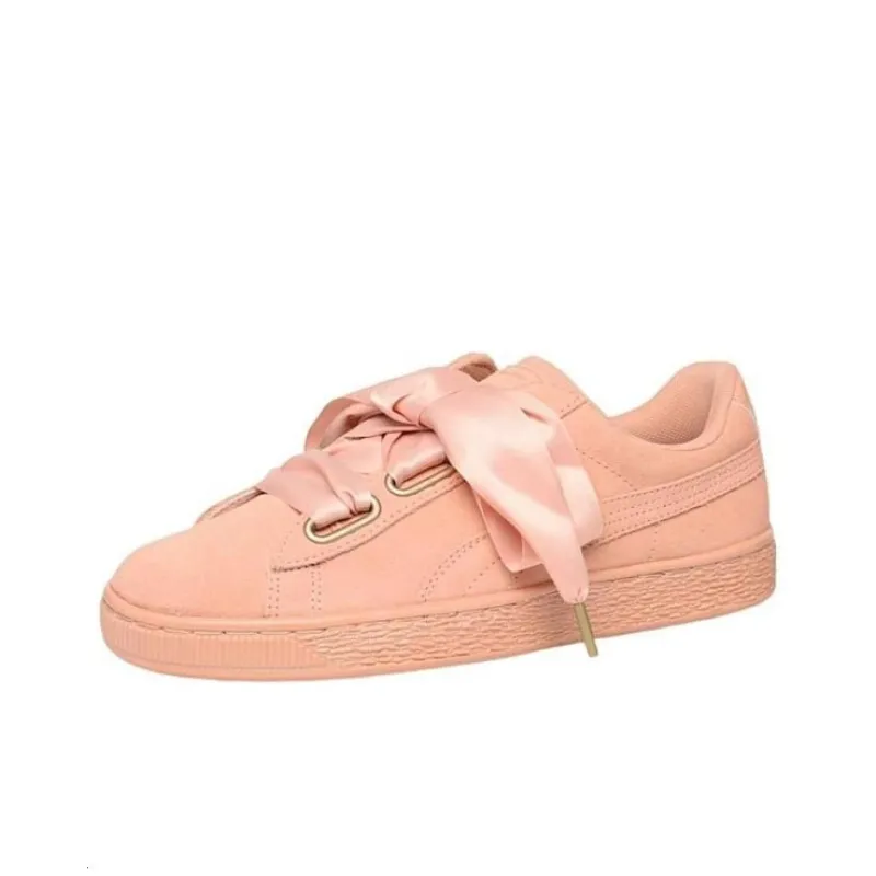 PUMA Suede Heart Satin Anti Slip Wear Resistant Low Top Skateboard Shoes Women's Light Pink-0