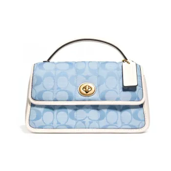 COACH Turnlock Canvas With Leather Flap Bag Handbag, Shoulder Bag, Crossbody Bag Small Size Women's Blue Monogram
