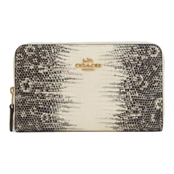 COACH Id Zip Wallet Lizard Embossed Leather Wallet Medium Size Women's Gold & Natural