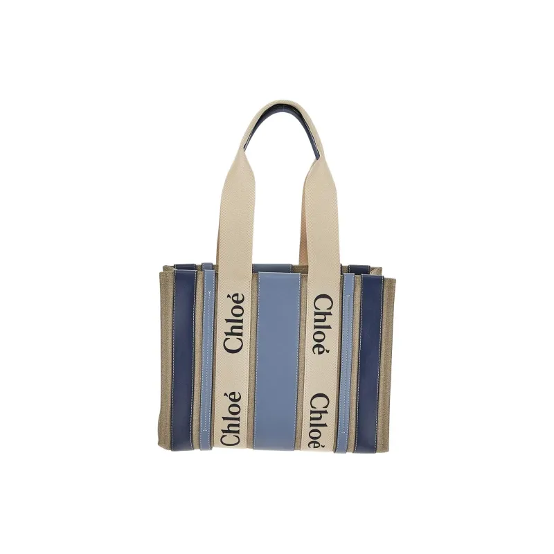 Chloe Linen Tote Bag Shopping Bag Handbag Medium Size Women's Blue-2