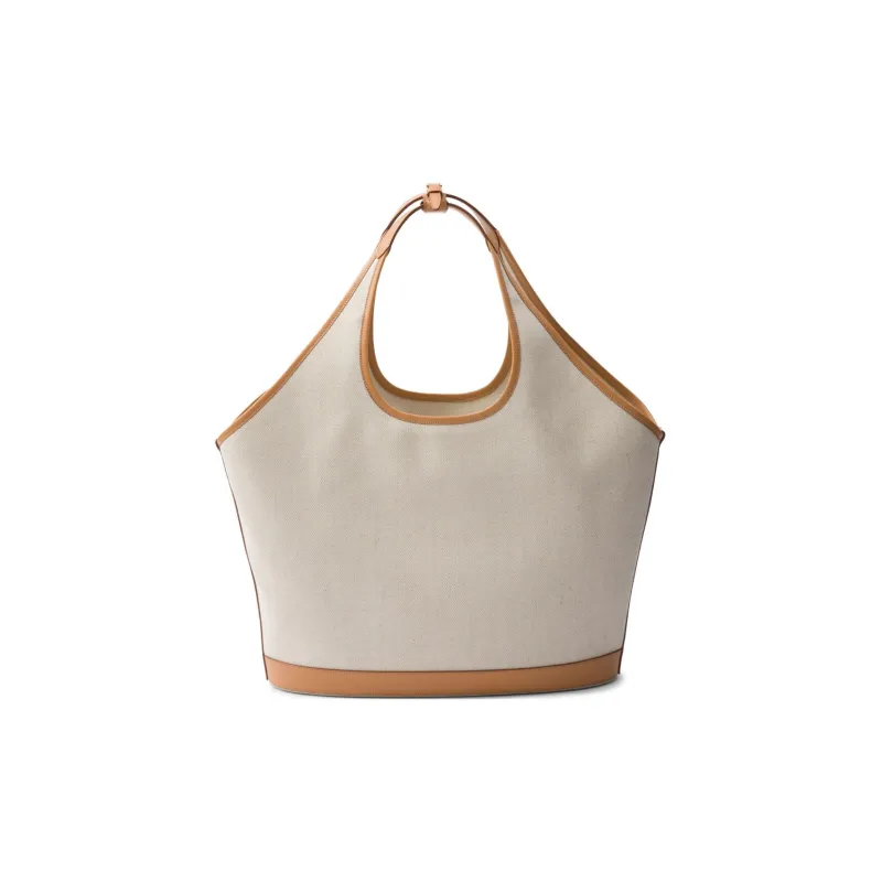PRADA Linseed With Leather Tote Bag, Shopping Bag, Handbag Large Size Women's Beige & Brown-2